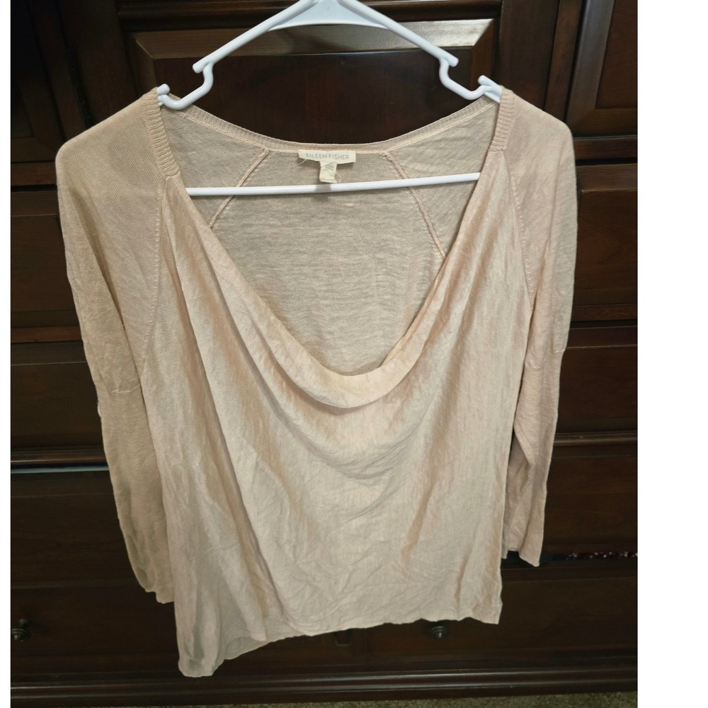 Eileen Fisher Silk Linen Blend Cowl Neck  Beige XL Long Sleeve Knit Top
